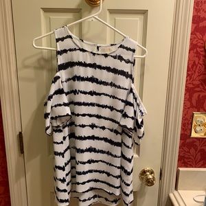 Cold-shoulder top, navy and white